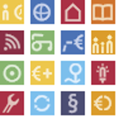 sechzehn farbige Piktogramme aus den Qualitätsberichten des Statistischen Bundesamtes sind im Quadrat angeordnet