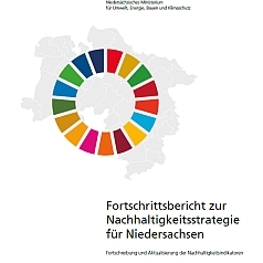 verkleinertes und quadratisch zugeschnittenes Titelblatt der Publikation "Fortschrittsbericht zur Nachhaltigkeitsstrategie für Niedersachsen"
