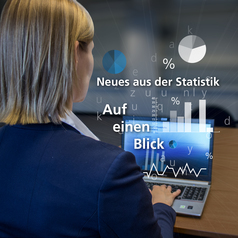 Frau sitzt vor Laptop, Diagramme und die Texte "Auf einen Blick" und "Neues aus der Statistik" steigen daraus auf