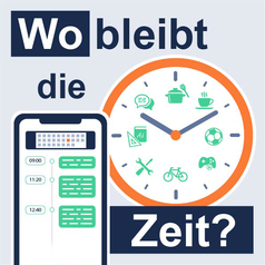 Auf einer Uhr sind verschiedene Symbole zu sehen, wofür die Zeit verwendet werden kann – vom Fahrrad bis zum Kochtopf.