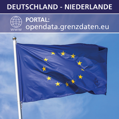 Die Europäische Flagge flattert im Wind. Darüber steht "Deutschland-Niederlande“, darunter wird auf das Portal „opendata.grenzdaten.eu" hingewiesen.