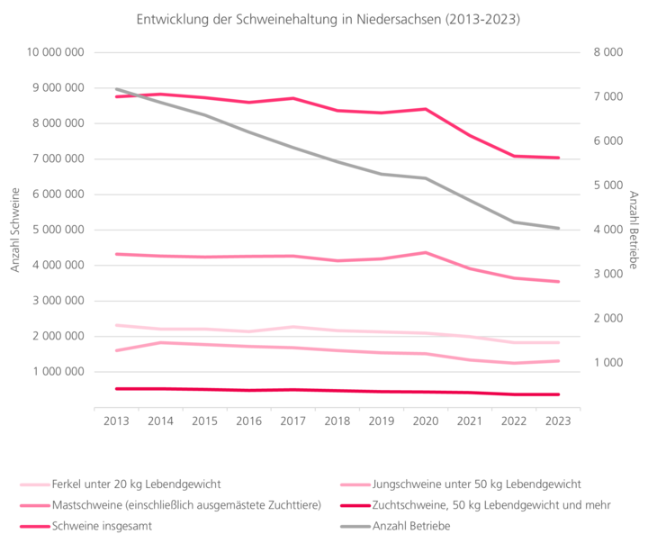 Entwicklung der Schweinehaltung in Niedersachsen von 2013 bis 2023. Der deutliche Trend ist ein Rückgang an Tieren sowie Betrieben.