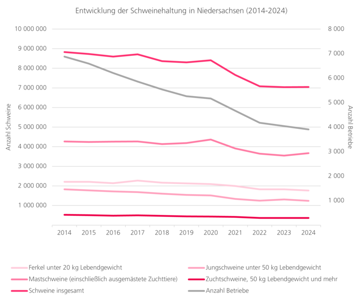 Entwicklung der Schweinehaltung in Niedersachsen von 2013 bis 2023. Der deutliche Trend ist ein Rückgang an Tieren sowie Betrieben.