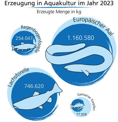 Erzeugung in Aquakultur im Jahr 2022, Europäischer Wels: 91020, Europäischer Aal: 1157500, Gemeiner Karpfen: 75695, Lachsforelle: 858139, Regenbogenforelle: 298678