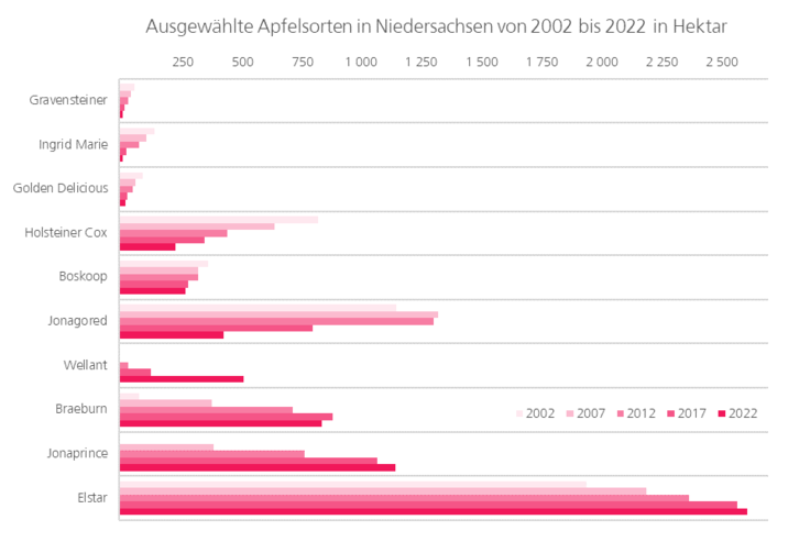 Anbauflächen ausgewählter Apfelsorten zwischen 2002 und 2022. Starker Zuwachs bei Elstar, Rückgang alter Sorten wie Holsteiner Cox