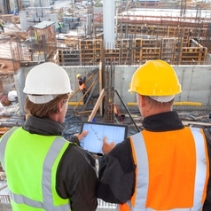 Zwei Ingenieure bei der Arbeit auf einer Großbaustelle mit Tablet, Helm und Sicherheitsweste.