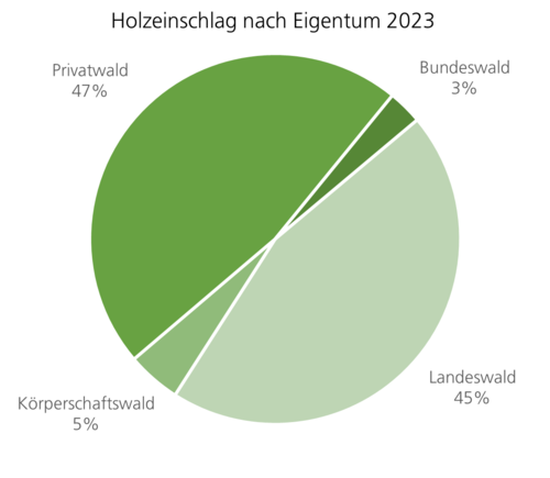 Holzeinschlag nach Eigentum im Jahr 2023. Privat- und Landeswald jeweils knapp unter 50%. Körperschafts- und Bundeswald bei bis zu 5%.