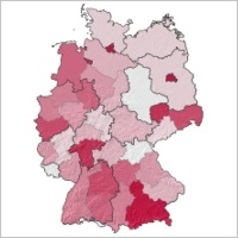 verkleinerte Deutschlandkarte mit markierten Gebieten in verschiedenen Rottönen