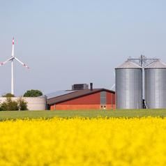 Ein landwirtschaftlicher Betrieb mit zwei Silos, einem Windrad und Feldern.