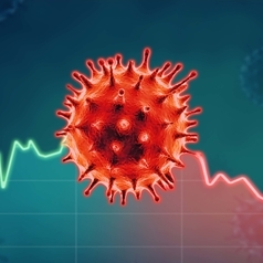 Im Vordergrund ist ein Corona-Virus, im Hintergrund ein erst steigendes und dann fallendes Diagramm zu sehen.