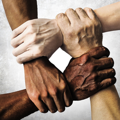 Vier Menschen verschiedener Hautfarben halten sich jeweils am Handgelenk eines der anderen fest.