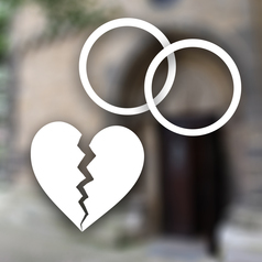 Zwei Ringe symbolisieren die Eheschließungen, ein gebrochenes Herz die Ehescheidungen in Niedersachsen. Im Hintergrund ist ein Standesamt zusehen.
