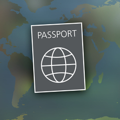 Piktogramm: Im Vordergrund ist ein Reisepass zu sehen, im Hintergrund eine Weltkarte.