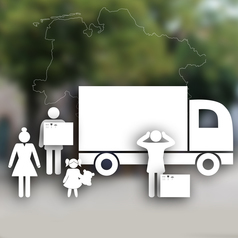 Piktogramm: Figuren mit Umzugskisten und ein Lkw symbolisieren Wanderungen. Im Hintergrund ist eine Niedersachsen-Karte zu sehen.