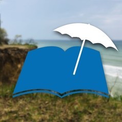 Grafik eines aufgeschlagenden Buches und eines Snnenschirms an einem Strand