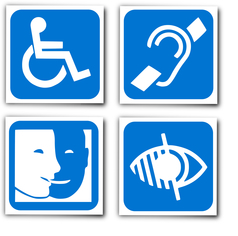 Vier Symbole für Menschen mit Behinderungen: Eine Person im Rollstuhl, ein durchgestrichenes Ohr, zwei Gesichter und ein durchgestrichenes Auge.