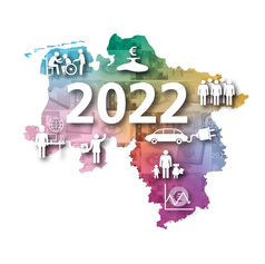 Titelgrafik des Niedersachsen-Monitors 2022: In einem bunt eingefärbten Umriss Niedersachsens sind Monitor-Titelbilder der letzten 25 Jahre zu sehen. Piktogramme verdeutlichen die Themen wie z. B. Soziales, Finanzen, Bevölkerung, Bildung und Wirtschaft