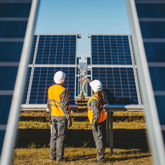 Zwei Arbeiter stehen vor Solarkollektoren.