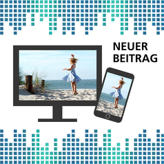 Auf einem Bildschirm und einem Smartphone ist jeweils ein Bild zu sehen. Dieses zeigt ein tanzendes Mädchen am Strand.