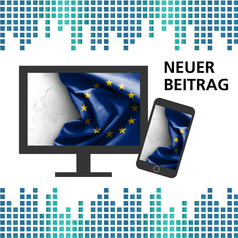 Auf einem Bildschirm und einem Smartphone ist jeweils ein Bild zu sehen, auf dem eine Europaflagge eben einer Europakarte liegt.