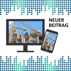 Auf einem Bildschirm und einem Smartphone ist eine Baustelle mit Kränen zu sehen.