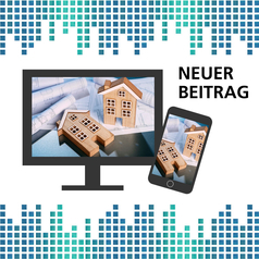 Bautätigkeit in Niedersachsen-2024: Auf einem Bildschirm und einem Smartphone sind symbolische Holzhäuser und Baupläne zu sehen.