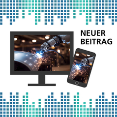 Auf einem Bildschirm und einem Smartphone ist ein Roboterarm, der schweißt, zu sehen.