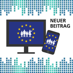 Niedersachsen in Europa – Teil 1: Bevölkerung 2023: Auf einem Bildschirm und einem Smartphone ist die EU-Flagge, also ein blauer Hintergrund mit gelben im Kreis stehenden Sternen, sowie Piktogramme von verschiedenen Menschen zu sehen.