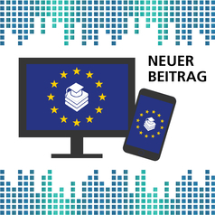 Niedersachsen in Europa – Teil 2: Bildung 2024: Auf einem Bildschirm und einem Smartphone ist die EU-Flagge, also ein blauer Hintergrund mit gelben im Kreis stehenden Sternen, sowie Piktogramme von Büchern und einer Absolventenkappe zu sehen.
