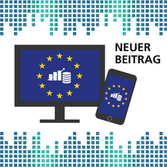 Niedersachsen in Europa 2023 – Wirtschaft: Auf einem Bildschirm und einem Smartphone sind die EU-Sterne zu sehen. In deren Mitte befinden sich ein Diagramm und ein Münzstapel.