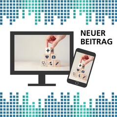 Dashboard Gesundheitsausgaben: Auf einem Smartphone und einem ist eine Hand zu sehen, die Würfel mit medizinischen Symbolen stapelt.