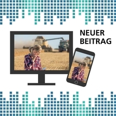 FernEE 2.0 – Erntestatistik Niedersachsen: Auf einem Bildschirm und einem Smartphone ist eine Frau mit Handy und Tablet zu sehen, im Hintergrund wird Getreide geerntet.