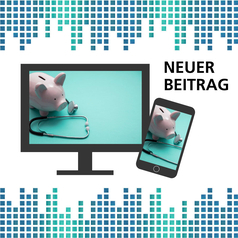 Auf einem Bildschirm und einem Smartphone sind medizinische Instrumente und ein Sparschwein zu sehen.