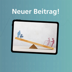 Auf dem Bildschirm ist eine Waage zu sehen. Auf der einen Seite, die nach unten geneigt ist, stehen ältere Menschen, auf der anderen jüngere.