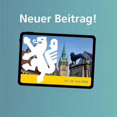 Auf dem Bildschirm sind Braunschweiger Gebäude und ein stilisierter Löwe zu sehen.