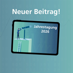 Illustration: Auf einem Podest steht eine Figur und schaut durch ein großes Fernglas auf den Schriftzug „Jahrestagung 2026“.