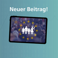 Niedersachsen in Europa – Teil 1: Bevölkerung 2024. Im Hintergrund das Foto einer Menschenmenge, davor auf ein Piktogramm, das eine Familie zeigt, umgeben von den EU-Sternen.