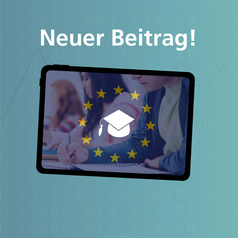 Niedersachsen in Europa – Teil 2: Bildung 2025: Auf einem Bildschirm sind Schüler zu sehen, im Vordergrund sind die EU-Sterne und ein sowie Piktogramm von einer Absolventenkappe.