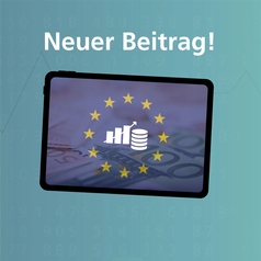 Niedersachsen in Europa 2024 – Wirtschaft: Auf einem Bildschirm sind Geldscheine und die EU-Sterne zu sehen. In deren Mitte befinden sich ein Diagramm und ein Münzstapel.