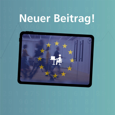 Niedersachsen in Europa – Teil 4: Arbeitsmarkt 2025: Auf einem Bildschirm sind die Europasterne zu sehen. In der Mitte befindet sich ein Icon von einer arbeitenden Person, im Hintergrund sind Personen in einem Büro zu sehen.
