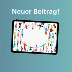 Migration, Asyl und Integration in Europa 2025: Auf einem Bildschirm ist das Titelbild der Veröffentlichung zu sehen – viele gezeichnete Personen stehen zusammen, in der Mitte wurde ein Kreis gebildet.