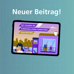 Lebensbedingungen in Europa: Auf einem Bildschirm ist das Titelbild der Veröffentlichung zu sehen – viele gezeichnete Personen in unterschiedlichen Lebenslagen.